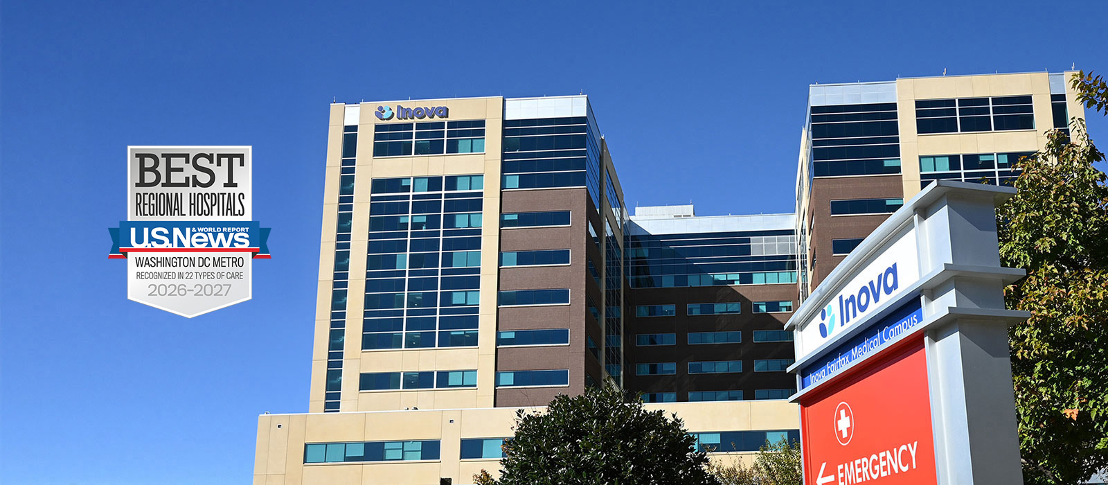 Inova Fairfax Medical center exterior building with U.S News Report award badge