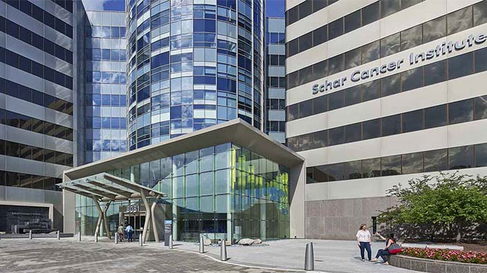 Exterior entrance of Inova Schar Cancer Institute building 