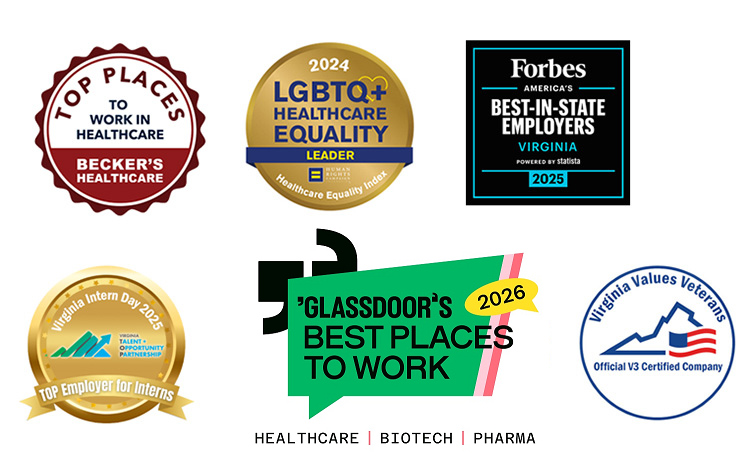 Award badges for Becker's Top Places to Work in Healthcare, Healthcare Equality Leader, Forbes Best in State Employers, Virginia top employer for interns, Glassdoor best places to work, and Virginia Values Veterans