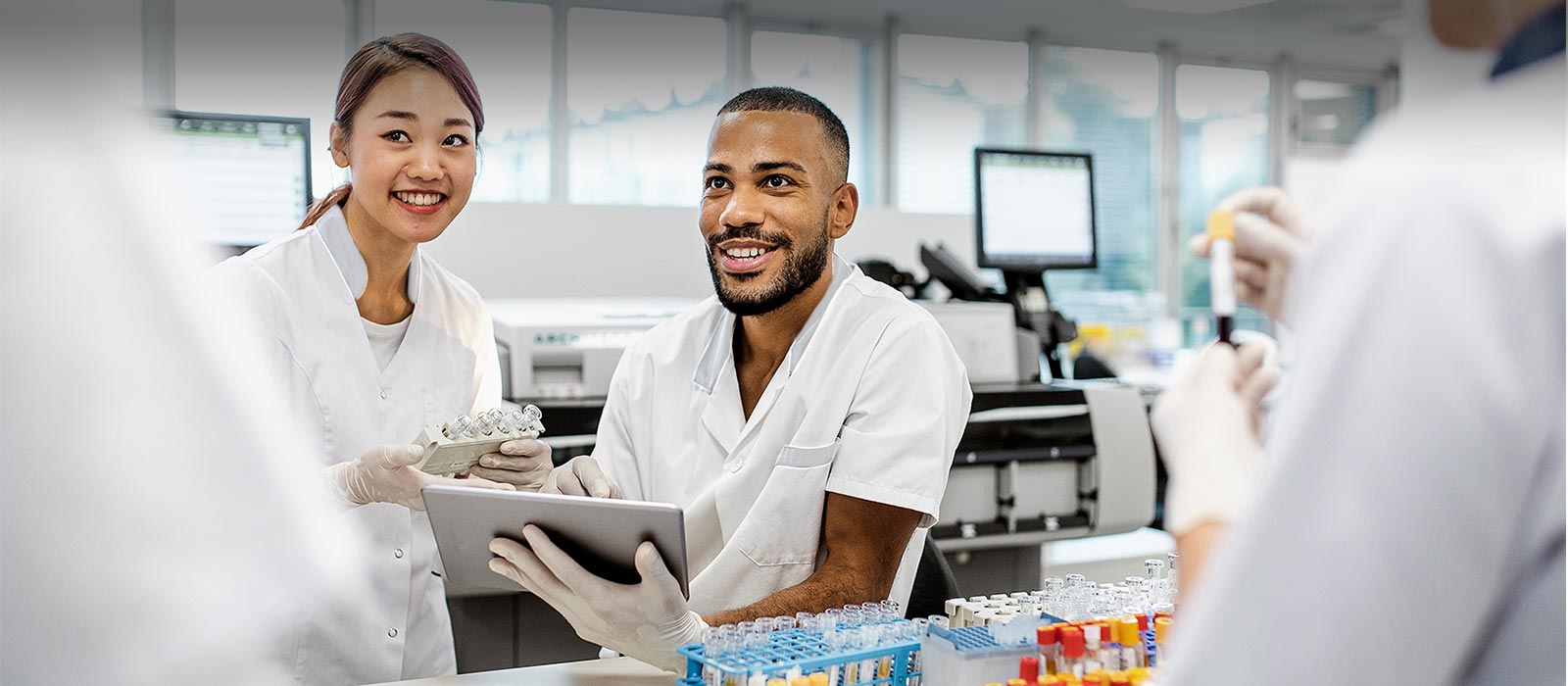 Two medical students in lab