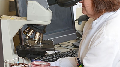 technician looking through microscope