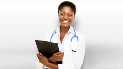 African American female doctor holding clipboard