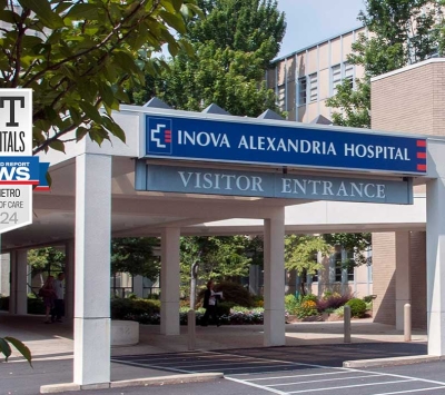 Inova Alexandria Hospital exterior with award badge