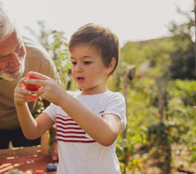 grandfather teaching grandson about gardening