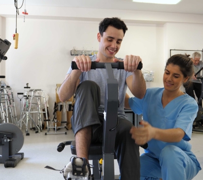 Rehab patient and physical therapist 