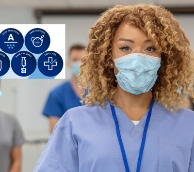 Safe@Inova mark promoting best practices including safe locations, safe practices, safe supplies and safe cleaning. Background image of Inova patient wearing mask. 