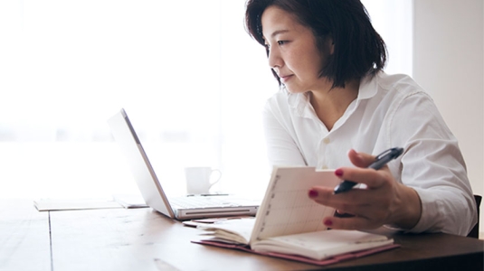 Middle aged woman viewing laptop