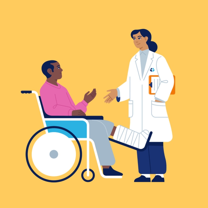 illustration of a man in a wheelchair with leg in a cast speaking with a female doctor
