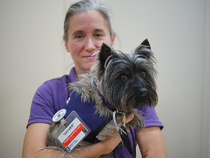 lady holding small terrier dog